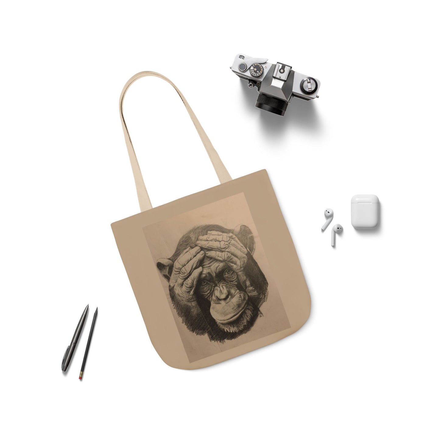 Chimpanzee Sketch Canvas Tote — Playful Monkey Art Tote Bag